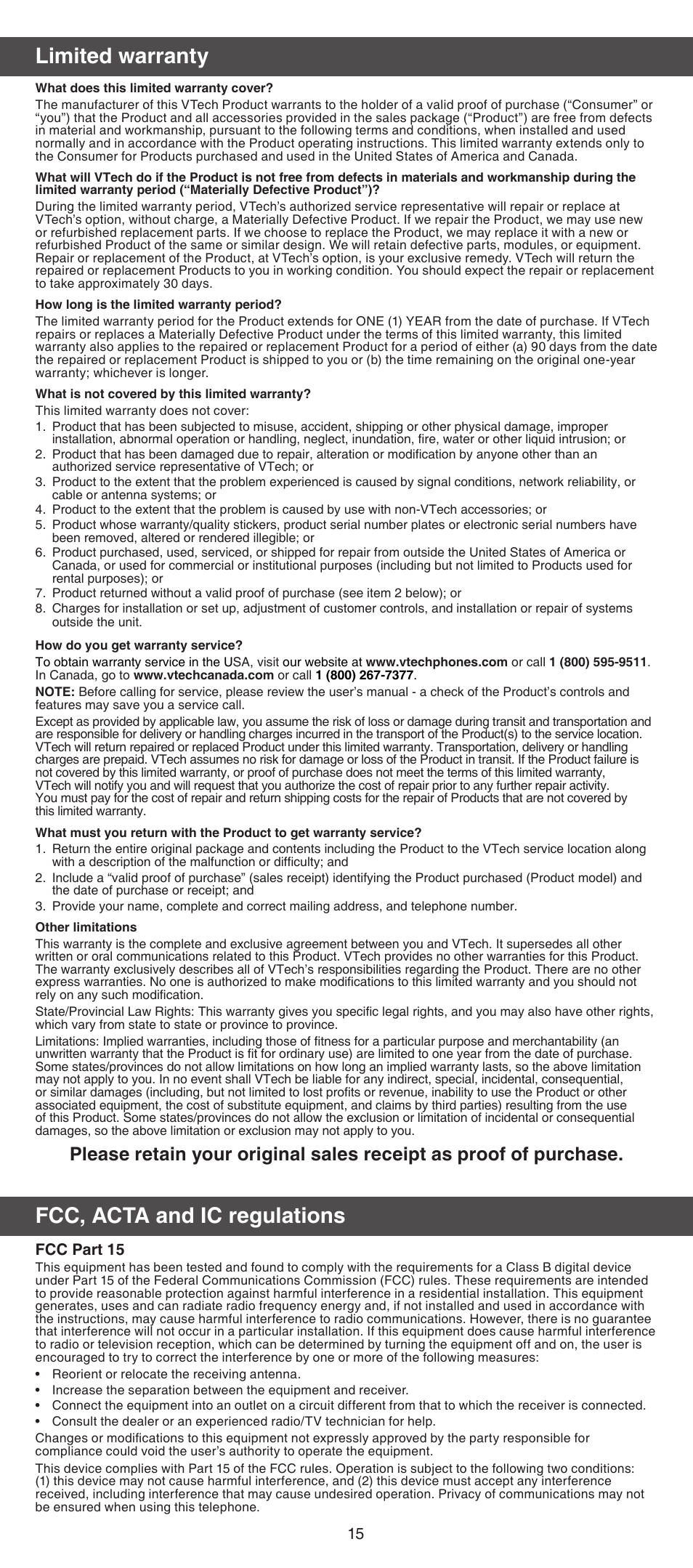 Limited warranty, Fcc, acta and ic regulations, Fcc part 15 | VTech IS7121_-2-22 Abridged manual User Manual | Page 15 / 16