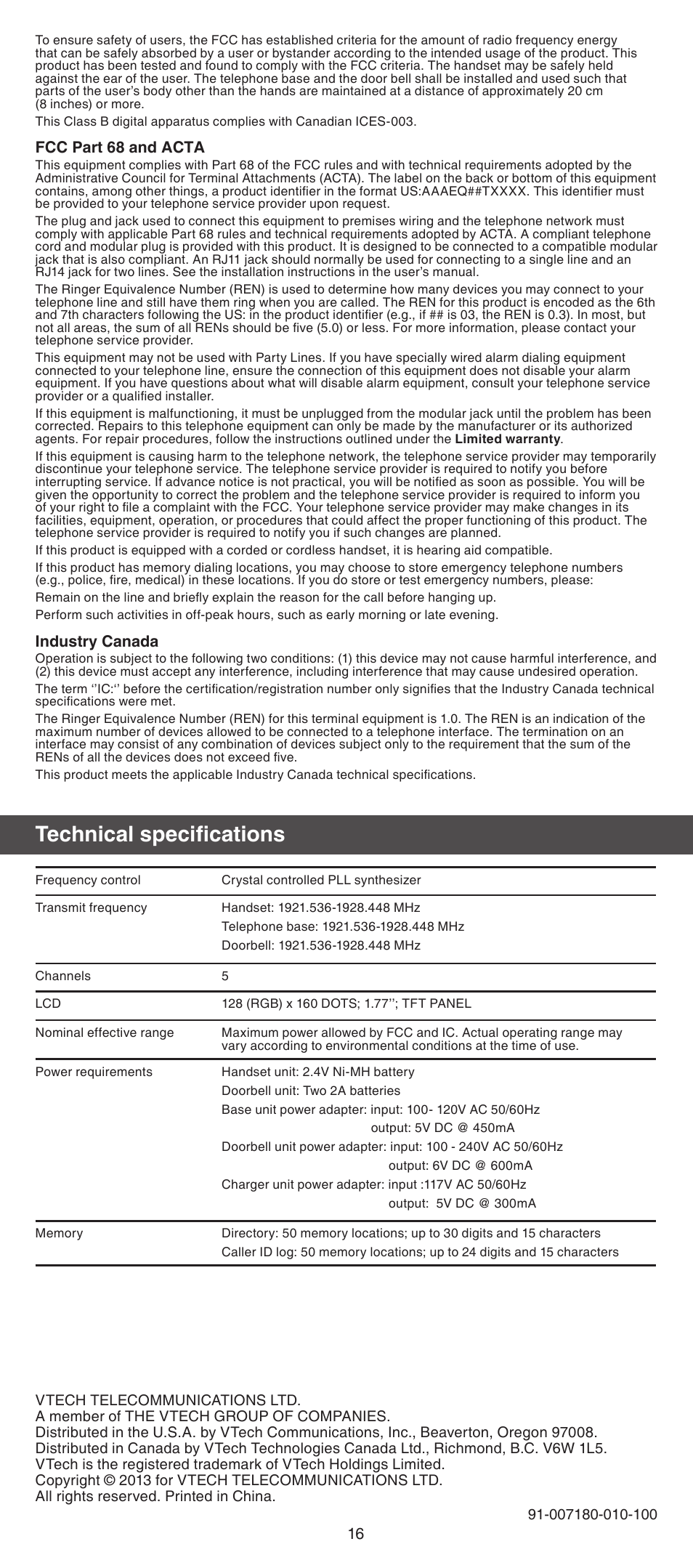 Technical specifications | VTech IS7121_-2-22 Abridged manual User Manual | Page 16 / 16