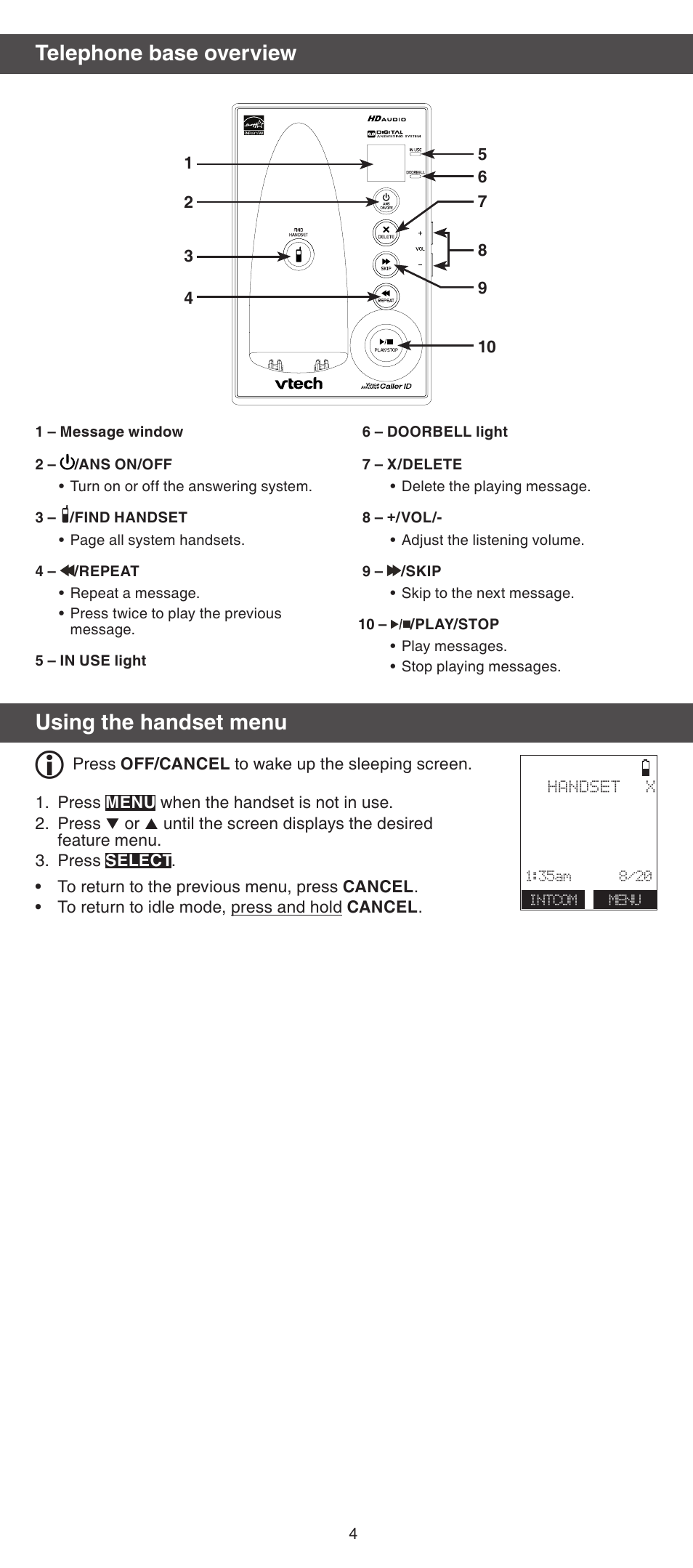 Telephone base overview, Using the handset menu | VTech IS7121_-2-22 Abridged manual User Manual | Page 4 / 16