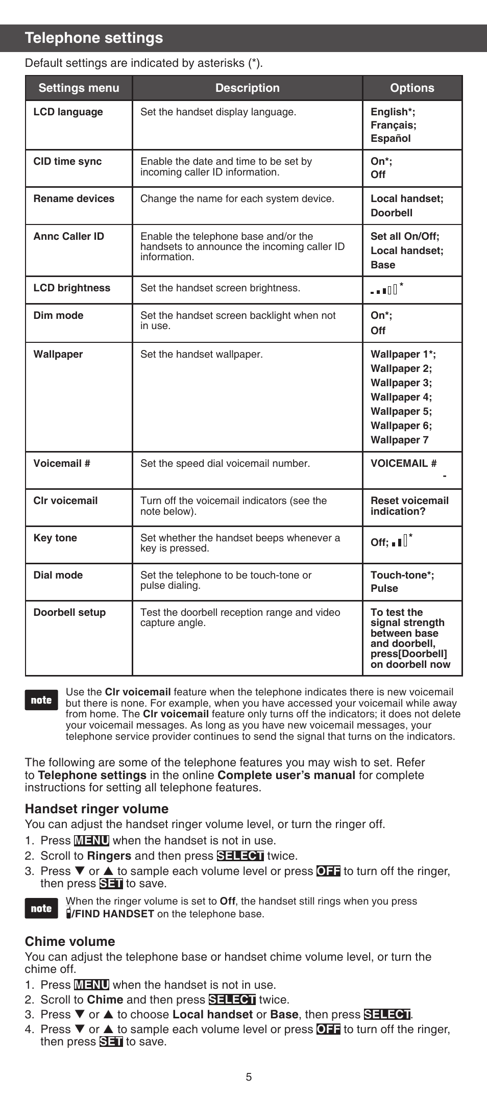 Telephone settings, Handset ringer volume, Chime volume | VTech IS7121_-2-22 Abridged manual User Manual | Page 5 / 16