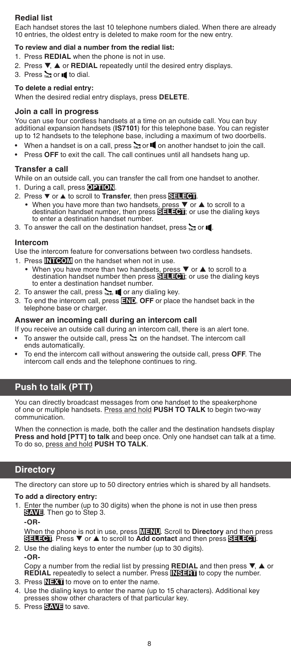 Push to talk (ptt), Directory | VTech IS7121_-2-22 Abridged manual User Manual | Page 8 / 16