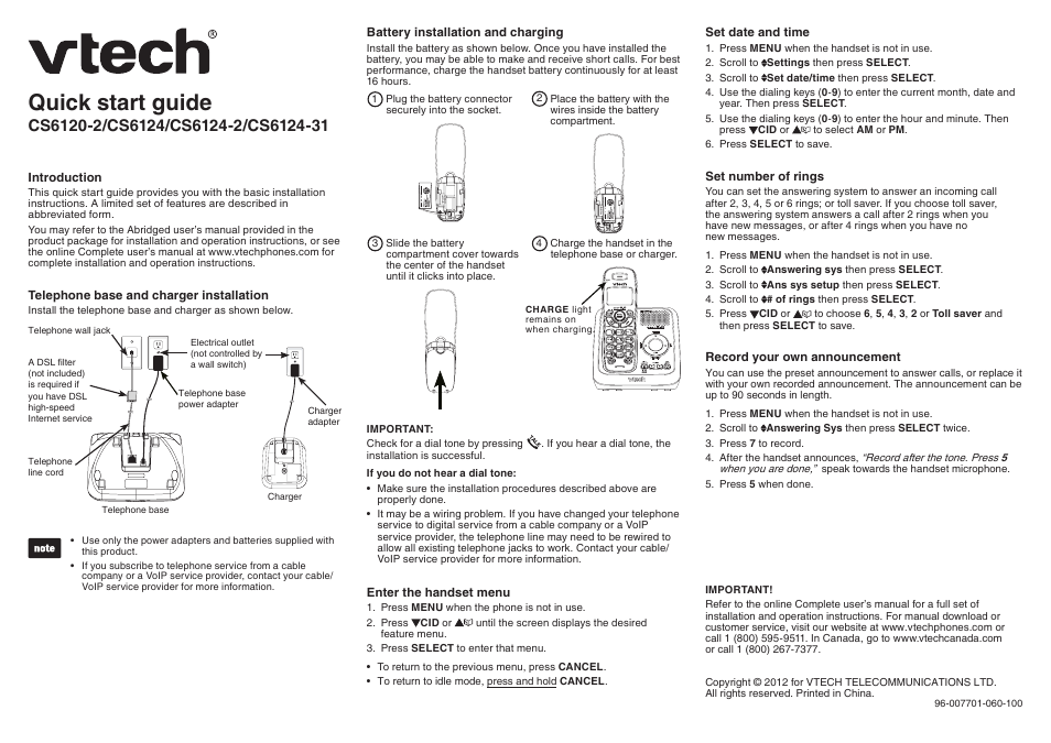 VTech CS6124_-2-31 Quick start User Manual | 2 pages