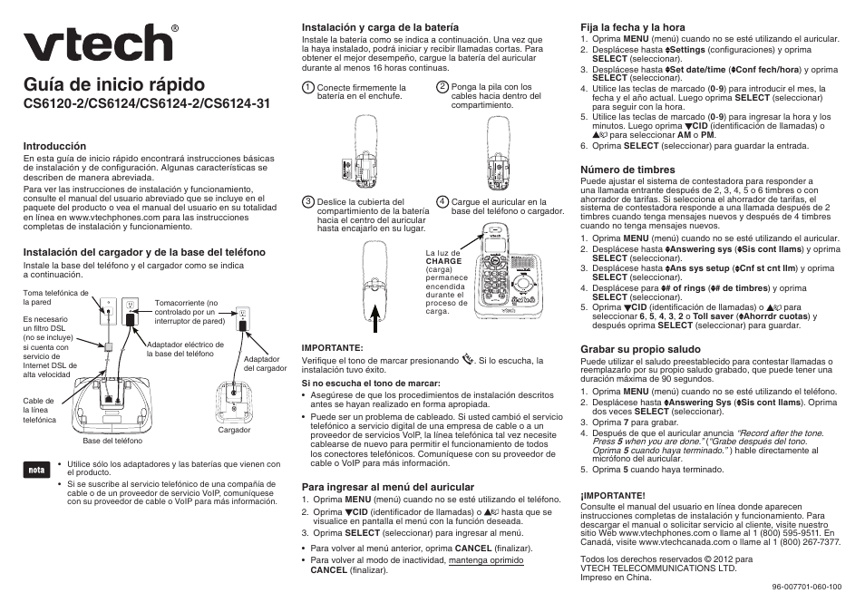 Guía de inicio rápido | VTech CS6124_-2-31 Quick start User Manual | Page 2 / 2