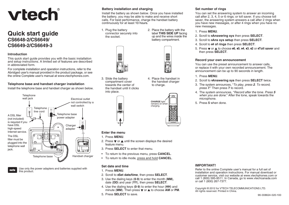 VTech CS6649_-2-3 Quick start User Manual | 2 pages