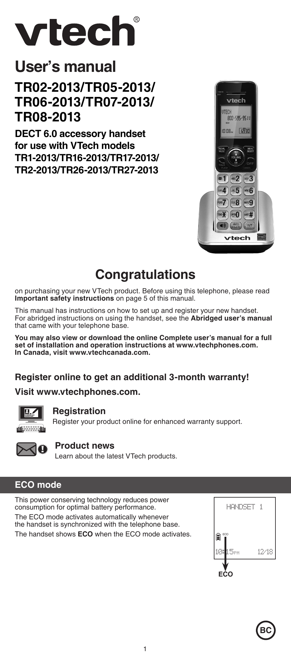 VTech TR08-2013 Manual User Manual | 8 pages