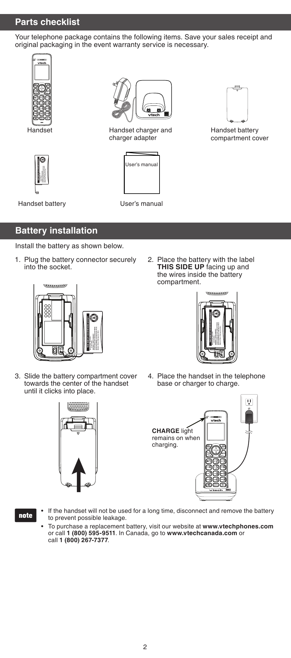 Parts checklist, Battery installation, User’s manual | VTech TR08-2013 Manual User Manual | Page 2 / 8