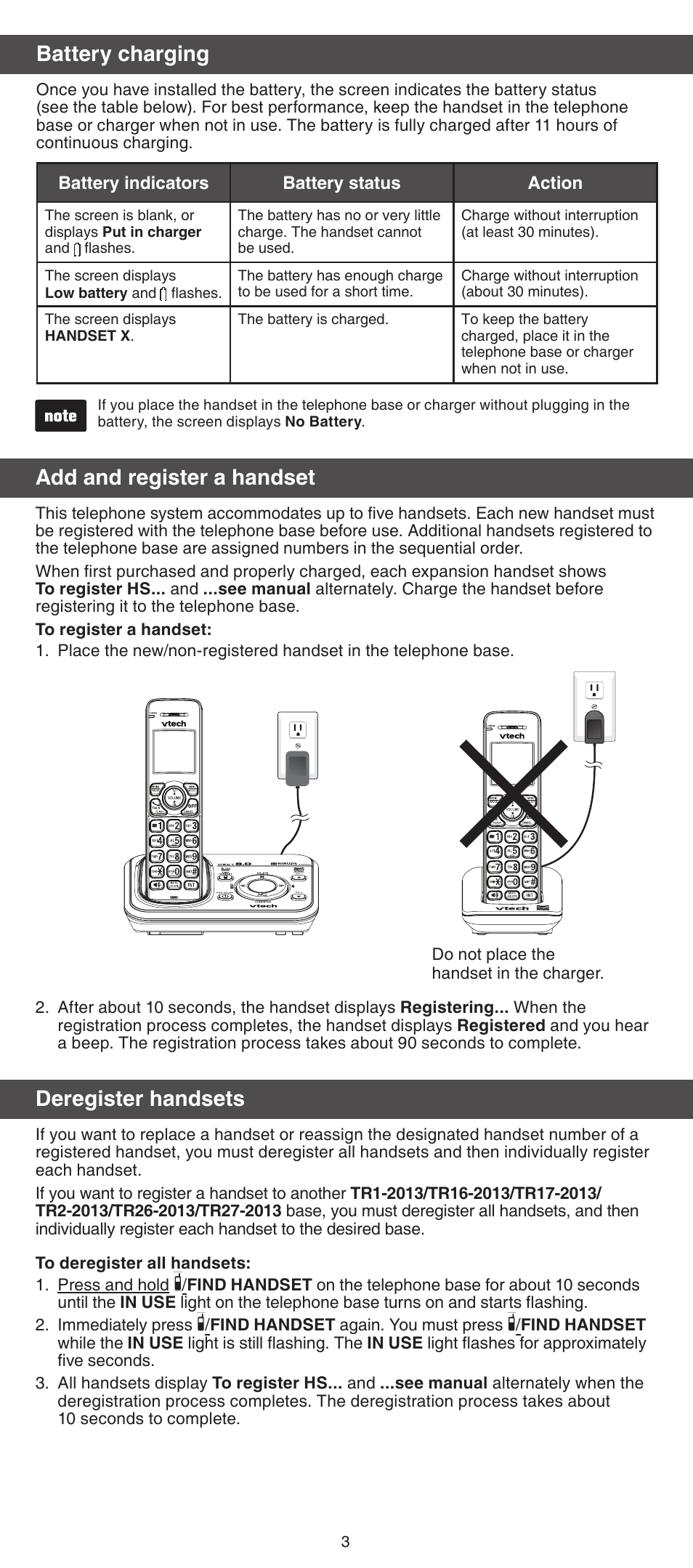 Battery charging, Add and register a handset, Deregister handsets | VTech TR08-2013 Manual User Manual | Page 3 / 8