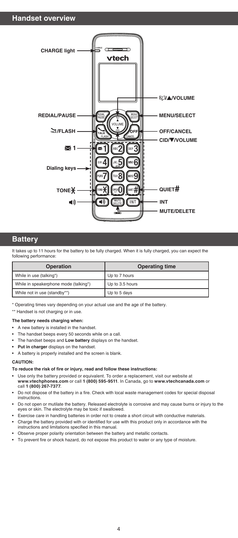 Battery, Handset overview | VTech TR08-2013 Manual User Manual | Page 4 / 8