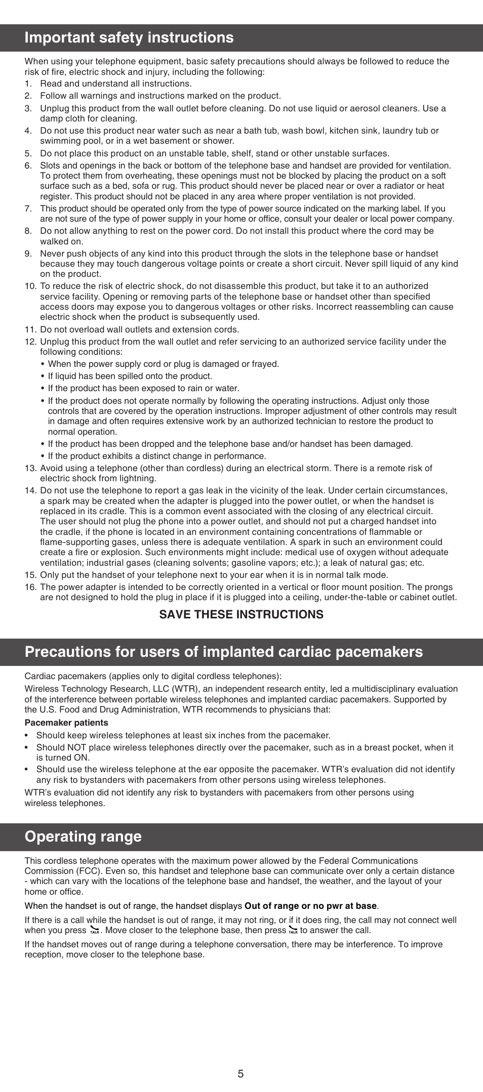 Important safety instructions, Operating range, Save these instructions | VTech TR08-2013 Manual User Manual | Page 5 / 8