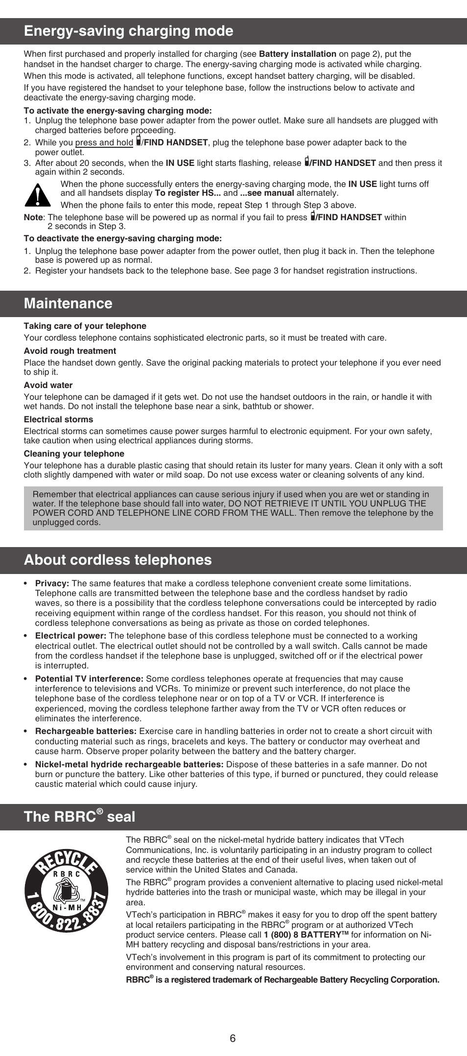 Energy-saving charging mode, Maintenance, About cordless telephones | The rbrc, Seal | VTech TR08-2013 Manual User Manual | Page 6 / 8