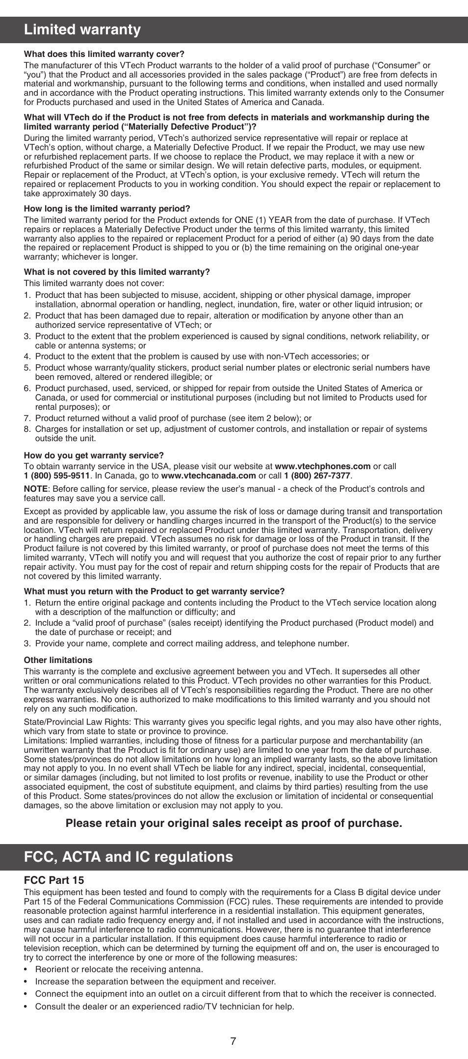 Limited warranty, Fcc, acta and ic regulations, Fcc part 15 | VTech TR08-2013 Manual User Manual | Page 7 / 8