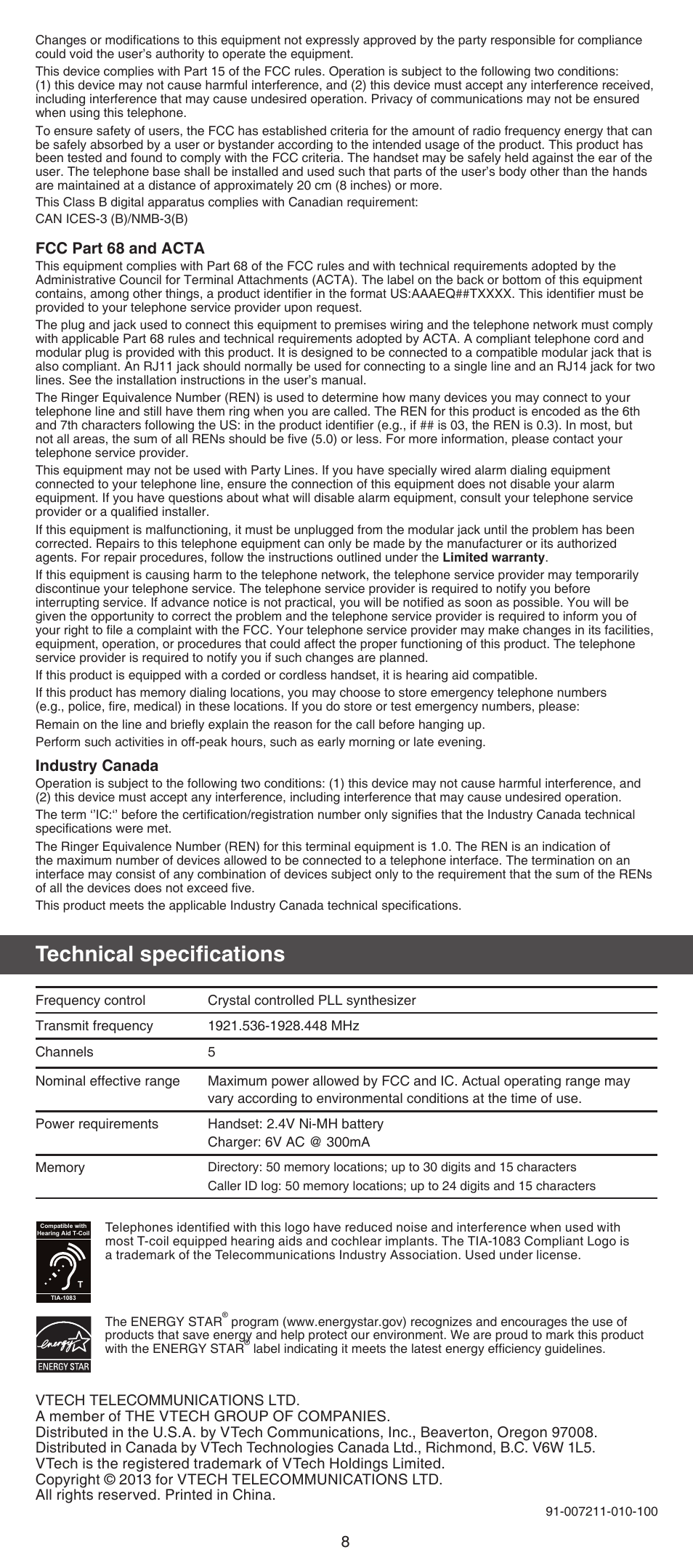 Technical specifications, Fcc part 68 and acta, Industry canada | VTech TR08-2013 Manual User Manual | Page 8 / 8