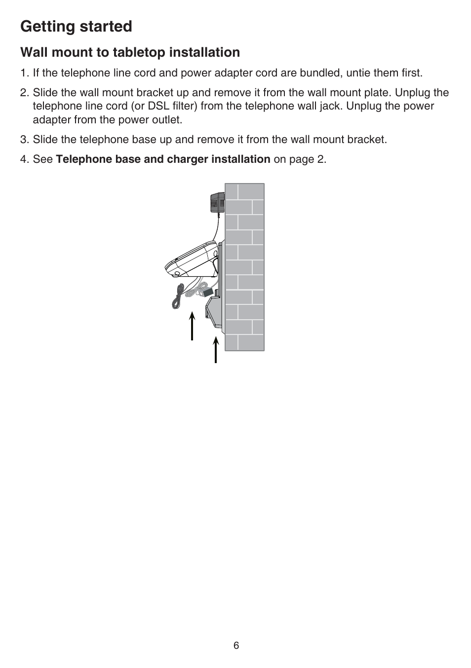 Wall mount to tabletop installation, Getting started | VTech CS6719-2 Manual User Manual | Page 10 / 70