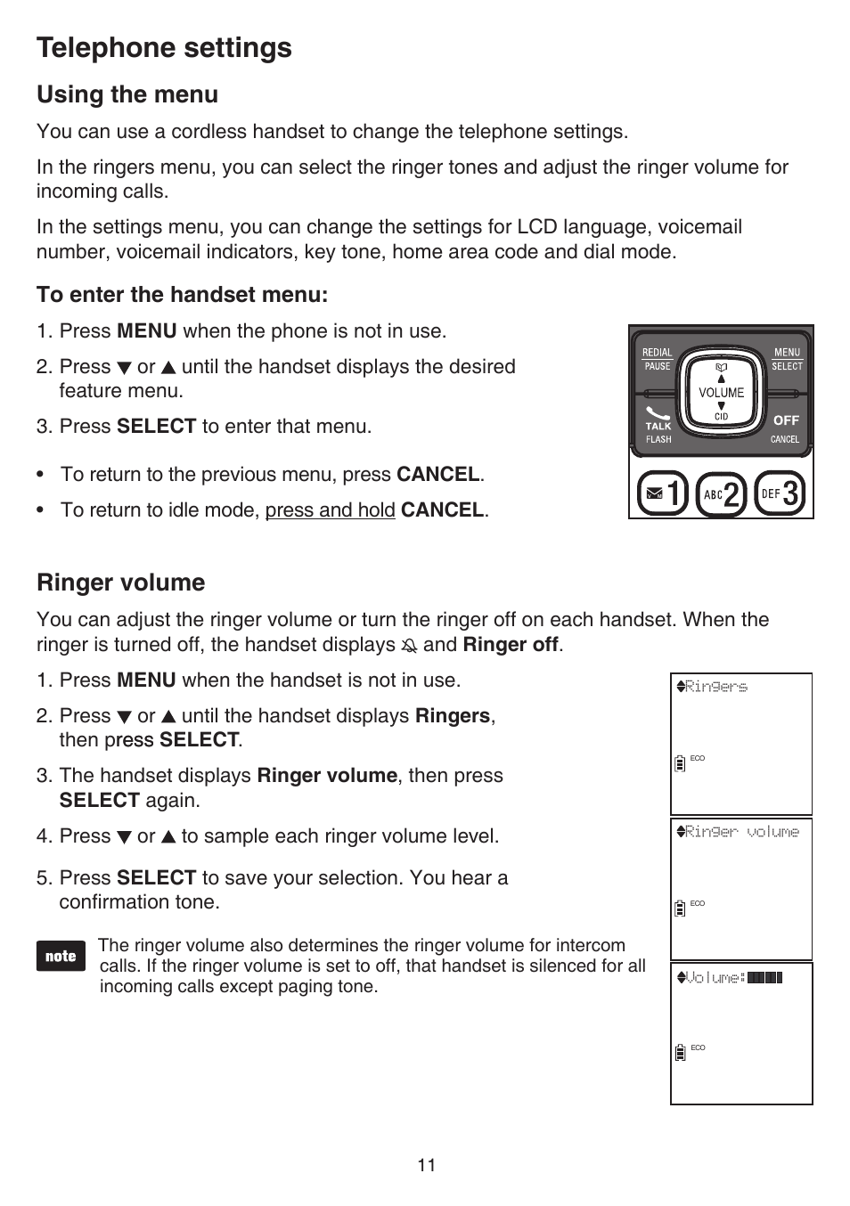 Telephone settings, Using the menu, Ringer volume | Using the menu ringer volume | VTech CS6719-2 Manual User Manual | Page 15 / 70