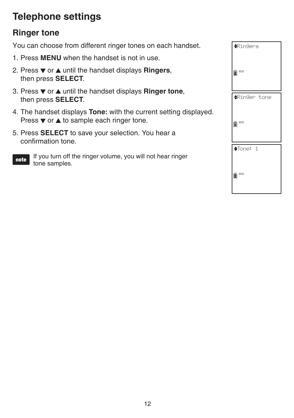 Ringer tone, Telephone settings | VTech CS6719-2 Manual User Manual | Page 16 / 70