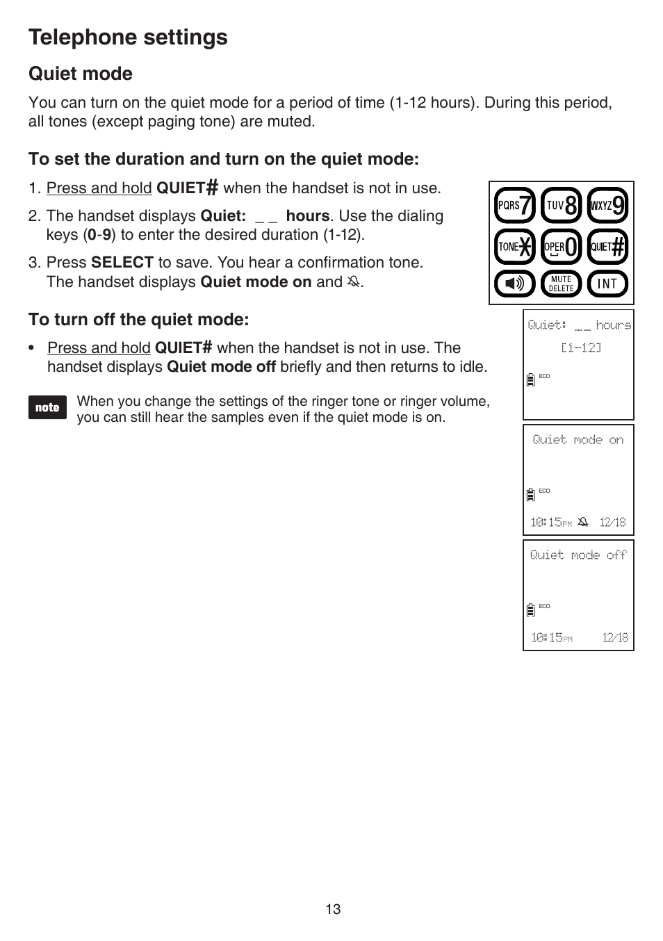 Quiet mode, Telephone settings | VTech CS6719-2 Manual User Manual | Page 17 / 70