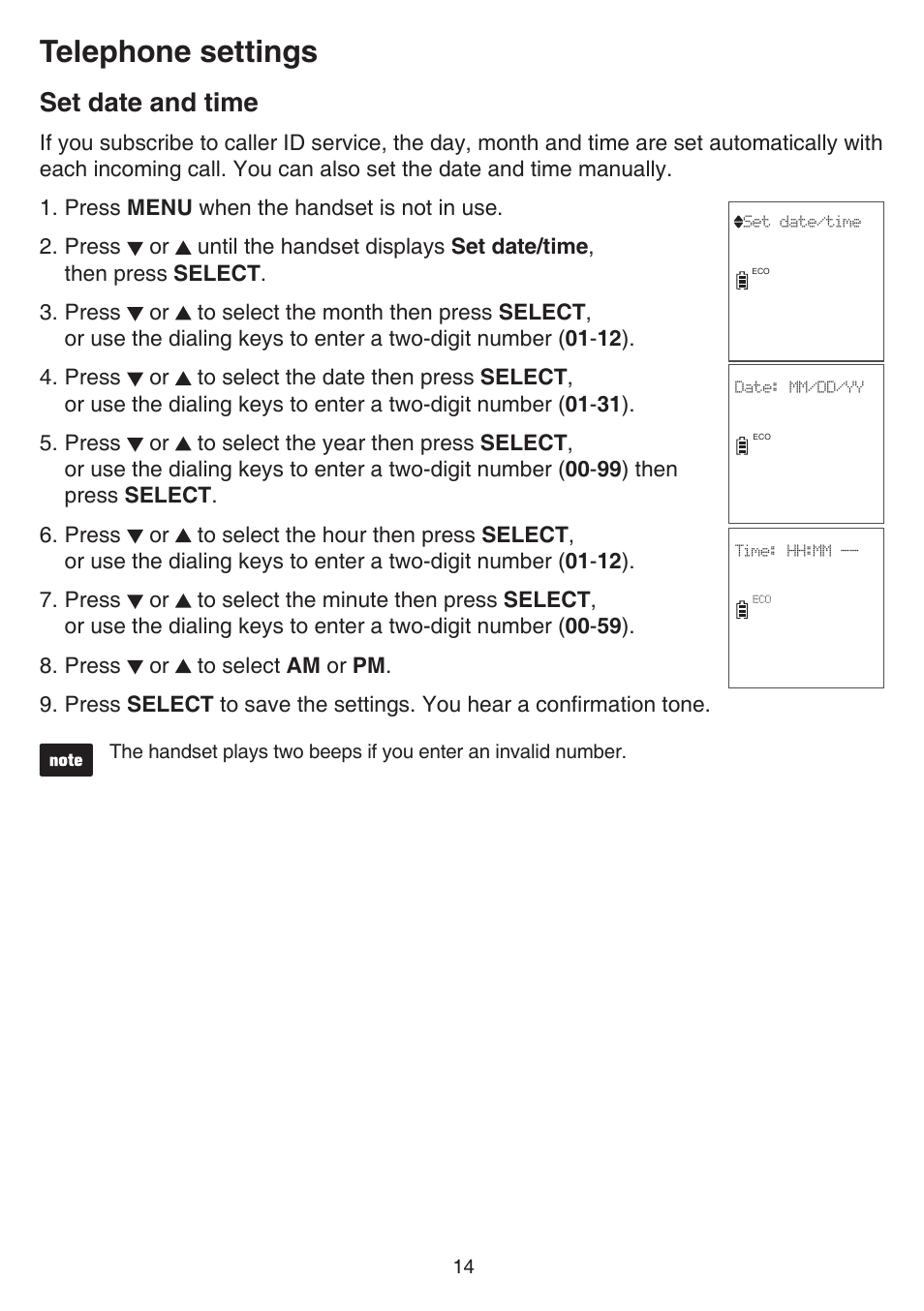 Set date and time, Telephone settings | VTech CS6719-2 Manual User Manual | Page 18 / 70