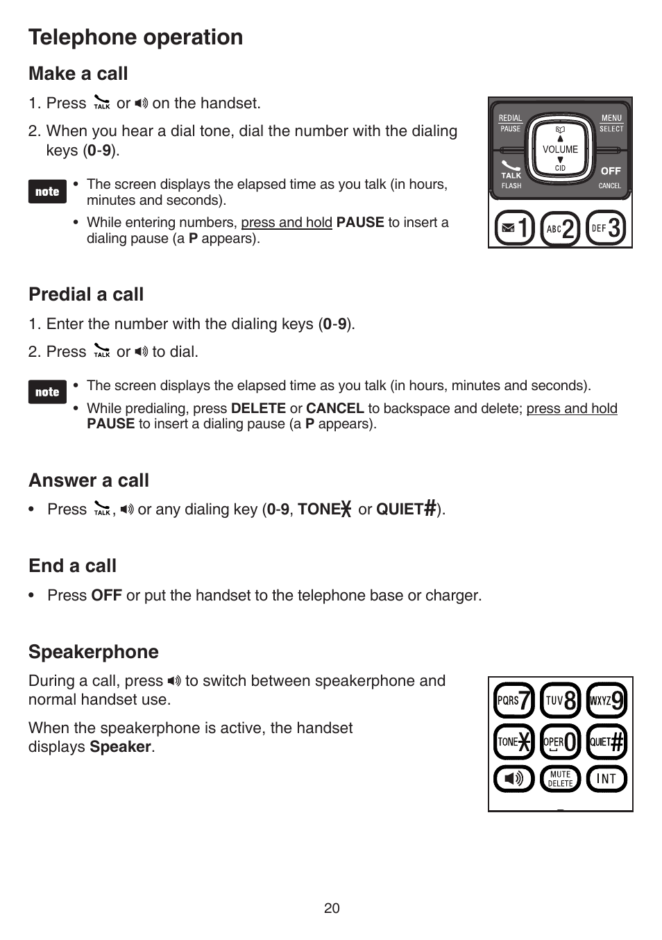 Telephone operation, Make a call, Predial a call | Answer a call, End a call, Speakerphone | VTech CS6719-2 Manual User Manual | Page 24 / 70