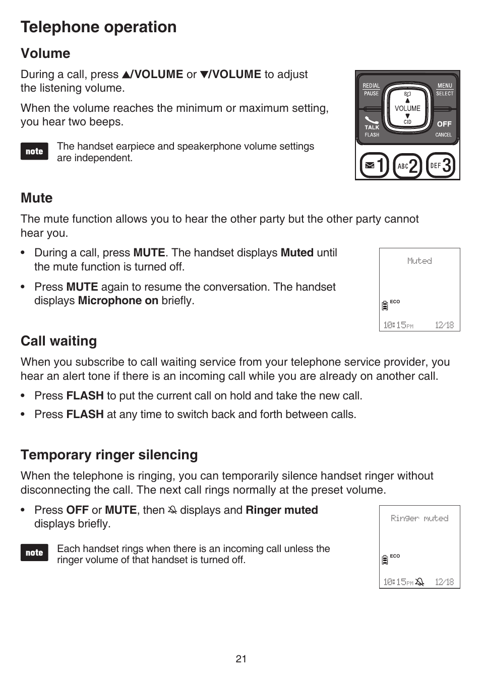 Volume, Mute, Call waiting | Temporary ringer silencing, Volume mute, Call waiting temporary ringer silencing, Telephone operation | VTech CS6719-2 Manual User Manual | Page 25 / 70