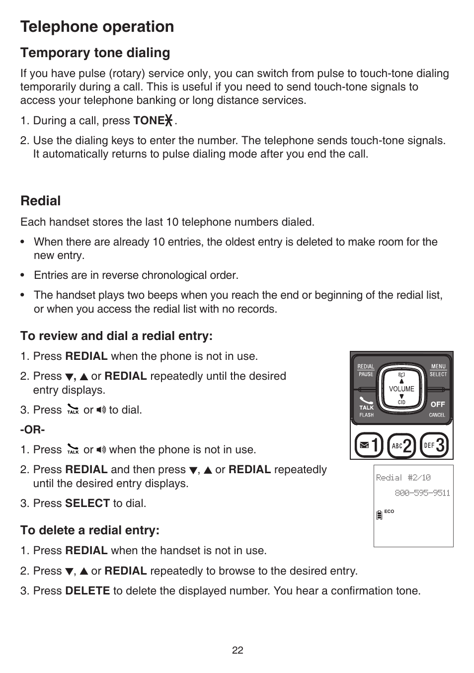 Temporary tone dialing, Redial, Temporary tone dialing redial | Telephone operation | VTech CS6719-2 Manual User Manual | Page 26 / 70