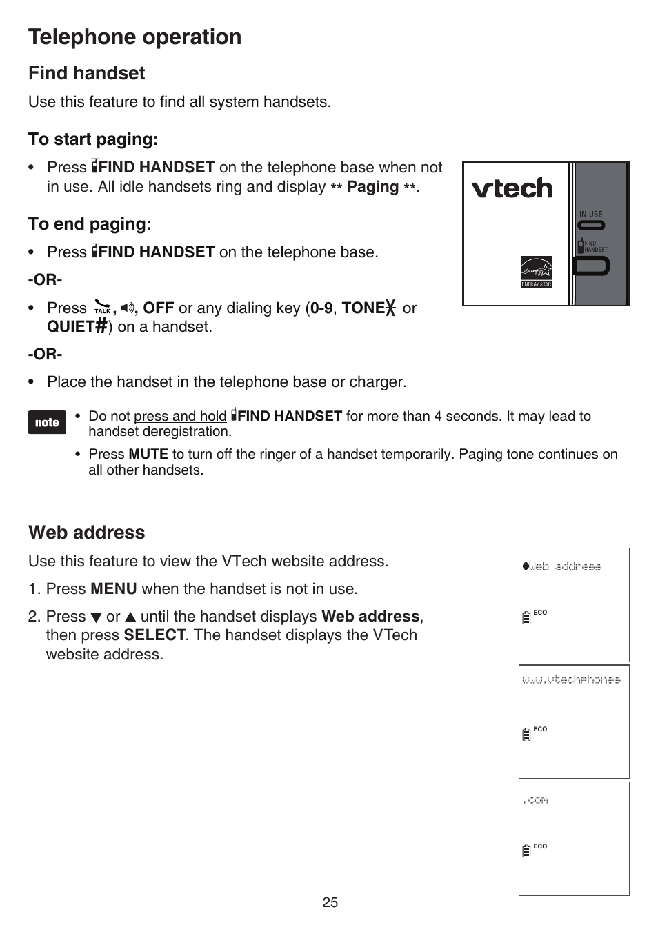 Find handset, Web address, Find handset web address | Telephone operation | VTech CS6719-2 Manual User Manual | Page 29 / 70