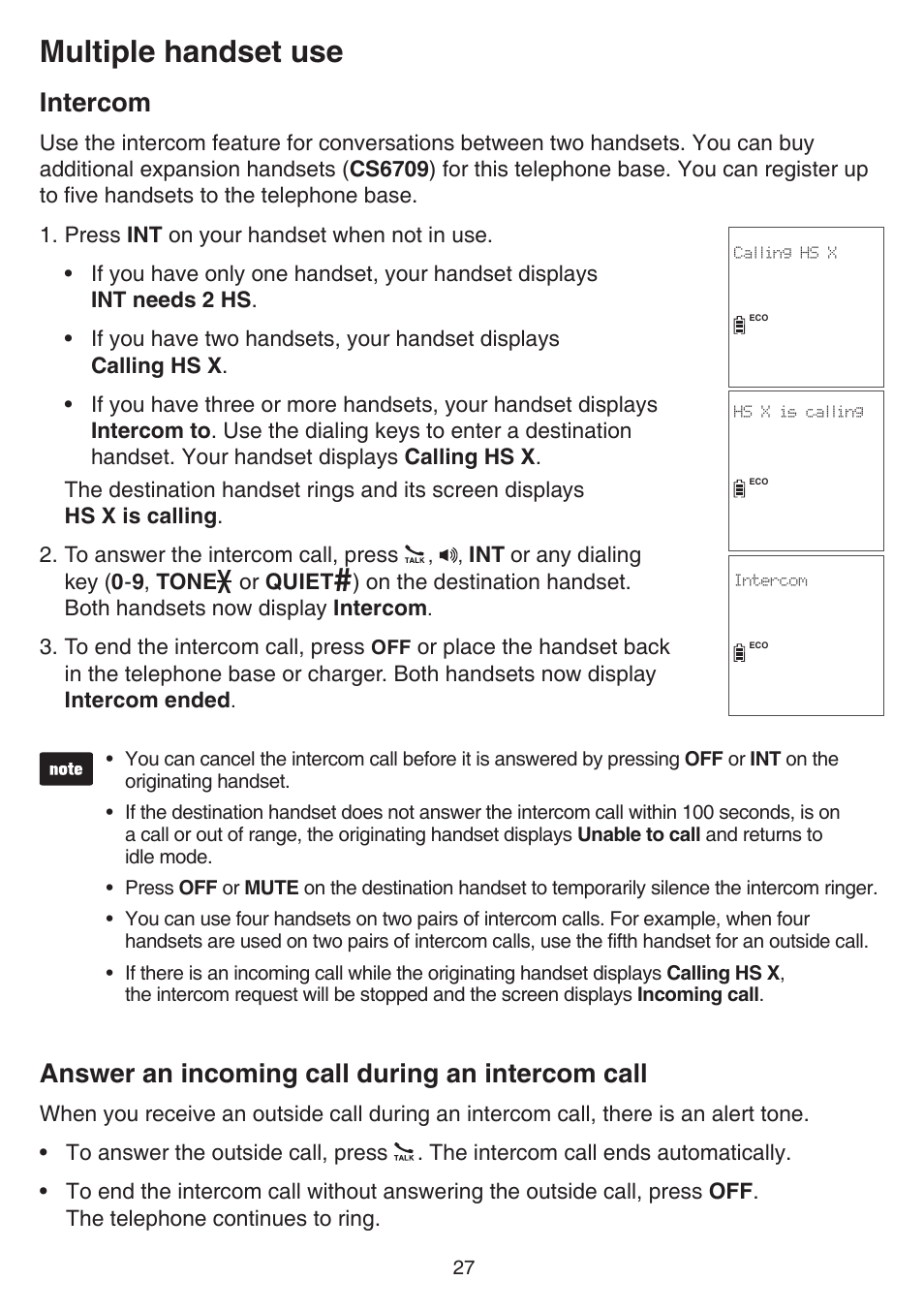 Intercom, Answer an incoming call during an intercom call, Intercom answer an incoming call during | An intercom call, Multiple handset use | VTech CS6719-2 Manual User Manual | Page 31 / 70