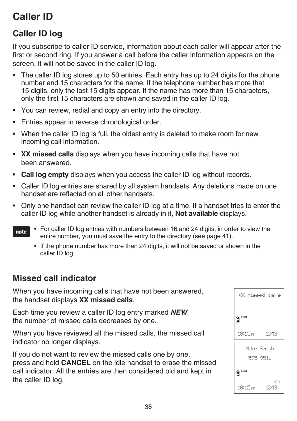 Caller id log, Missed call indicator, Caller id log missed call indicator | Caller id | VTech CS6719-2 Manual User Manual | Page 42 / 70