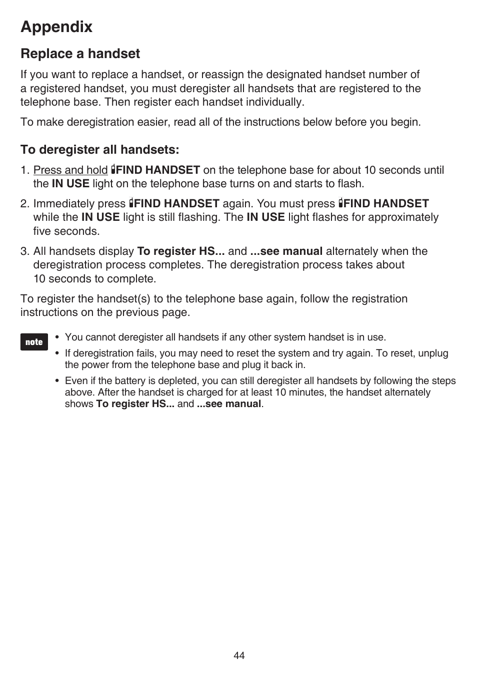 Replace a handset, Appendix | VTech CS6719-2 Manual User Manual | Page 48 / 70