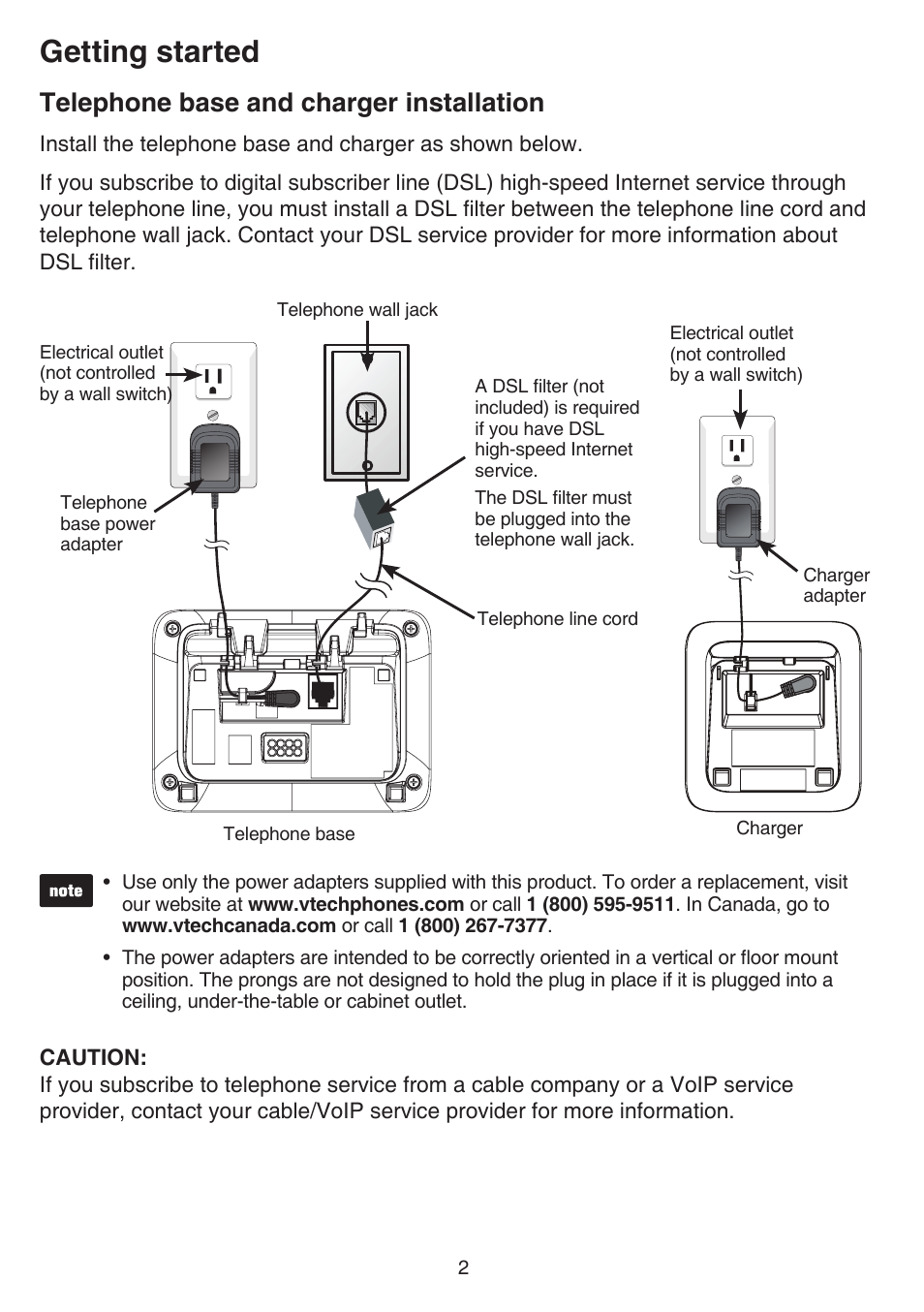 Telephone base and charger installation, Telephone base and charger, Installation | Getting started | VTech CS6719-2 Manual User Manual | Page 6 / 70