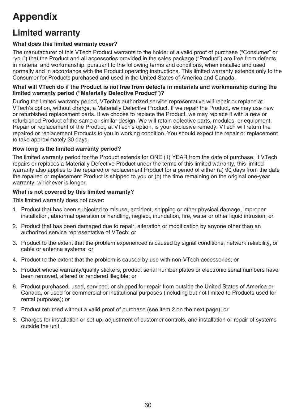 Limited warranty, Appendix | VTech CS6719-2 Manual User Manual | Page 64 / 70