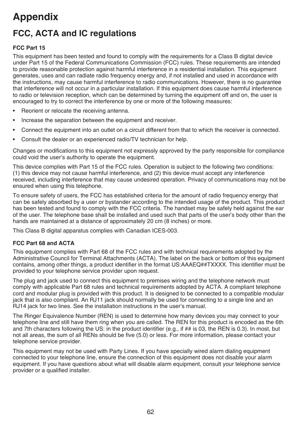 Fcc, acta and ic regulations, Appendix | VTech CS6719-2 Manual User Manual | Page 66 / 70