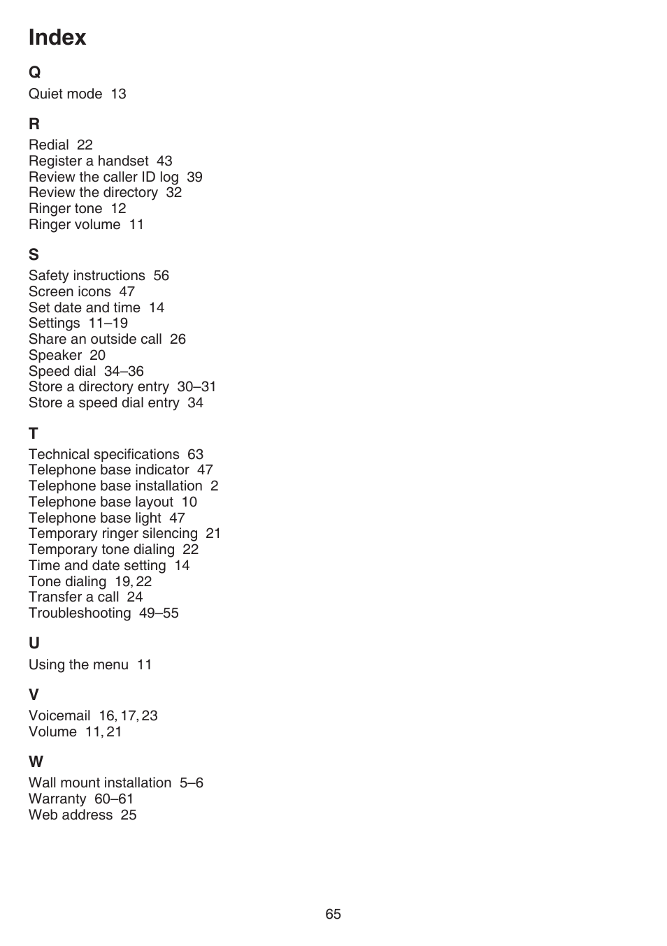 Index | VTech CS6719-2 Manual User Manual | Page 69 / 70