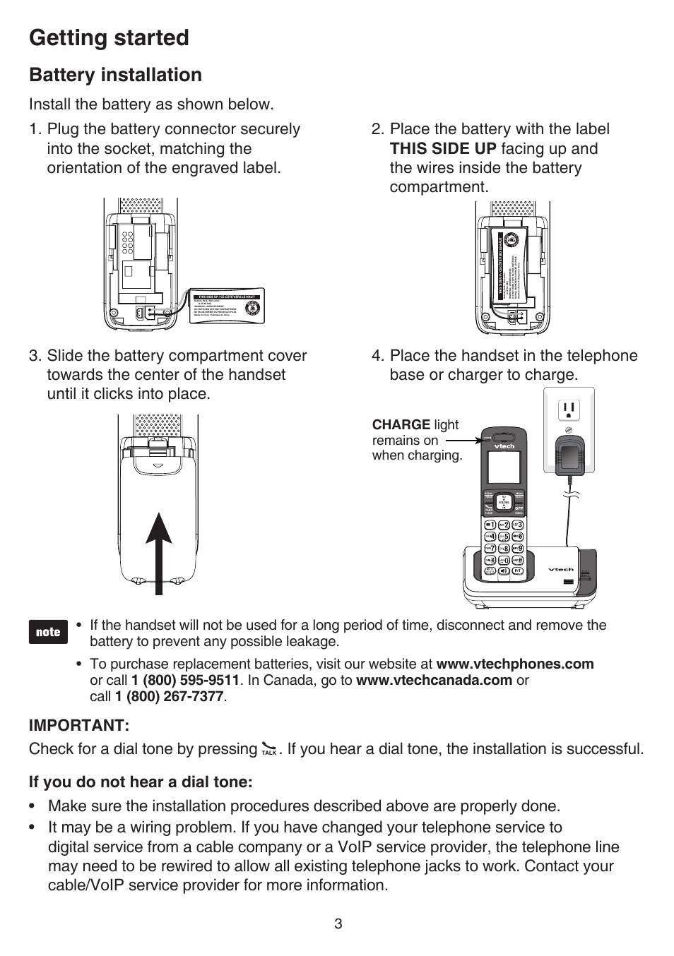 Battery installation, Getting started, Install the battery as shown below | Charge light remains on when charging | VTech CS6719-2 Manual User Manual | Page 7 / 70