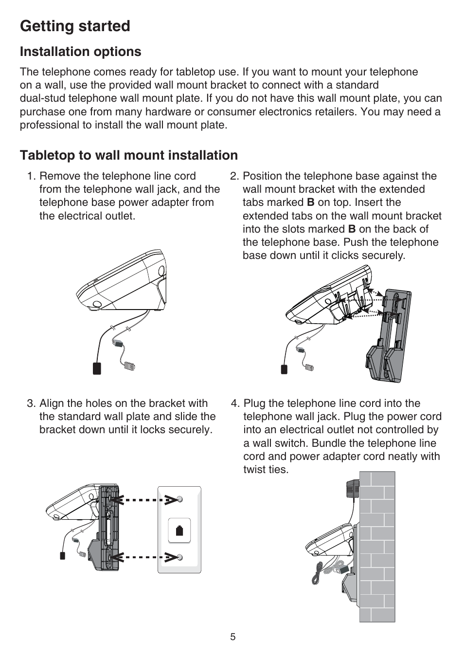 Installation options, Tabletop to wall mount installation, Getting started | VTech CS6719-2 Manual User Manual | Page 9 / 70