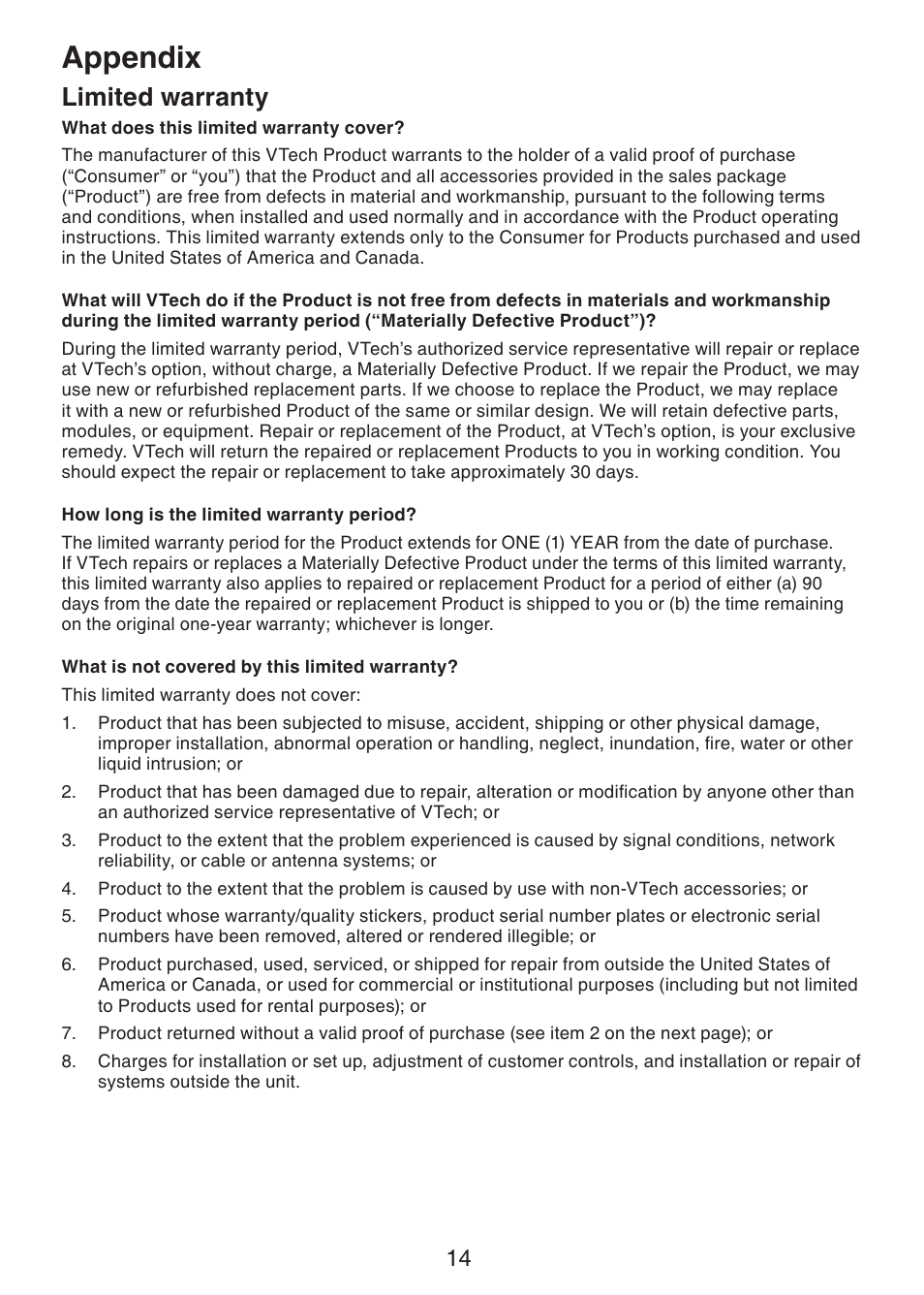 Appendix, Limited warranty | VTech DS6401_-16 Manual User Manual | Page 17 / 22