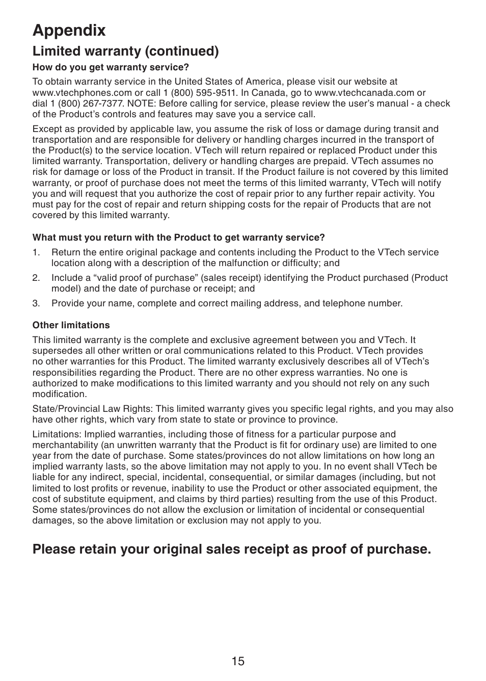 Appendix, Limited warranty (continued) | VTech DS6401_-16 Manual User Manual | Page 18 / 22