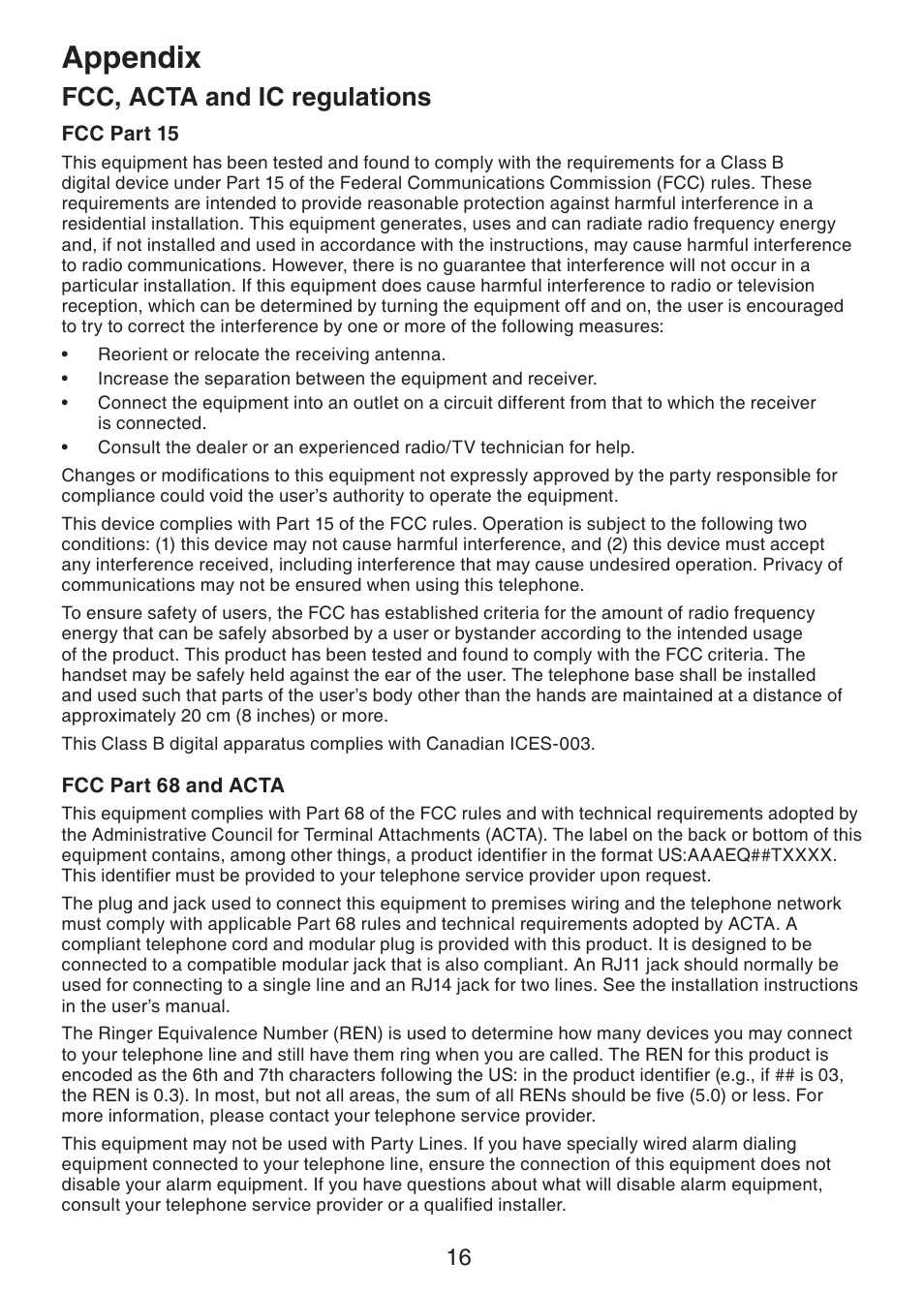 Appendix, Fcc, acta and ic regulations | VTech DS6401_-16 Manual User Manual | Page 19 / 22
