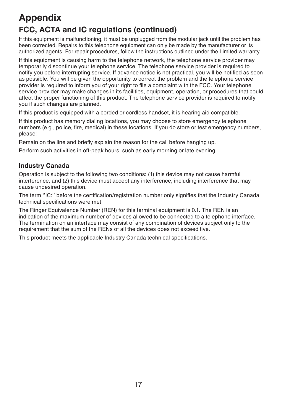 Appendix, Fcc, acta and ic regulations (continued) | VTech DS6401_-16 Manual User Manual | Page 20 / 22