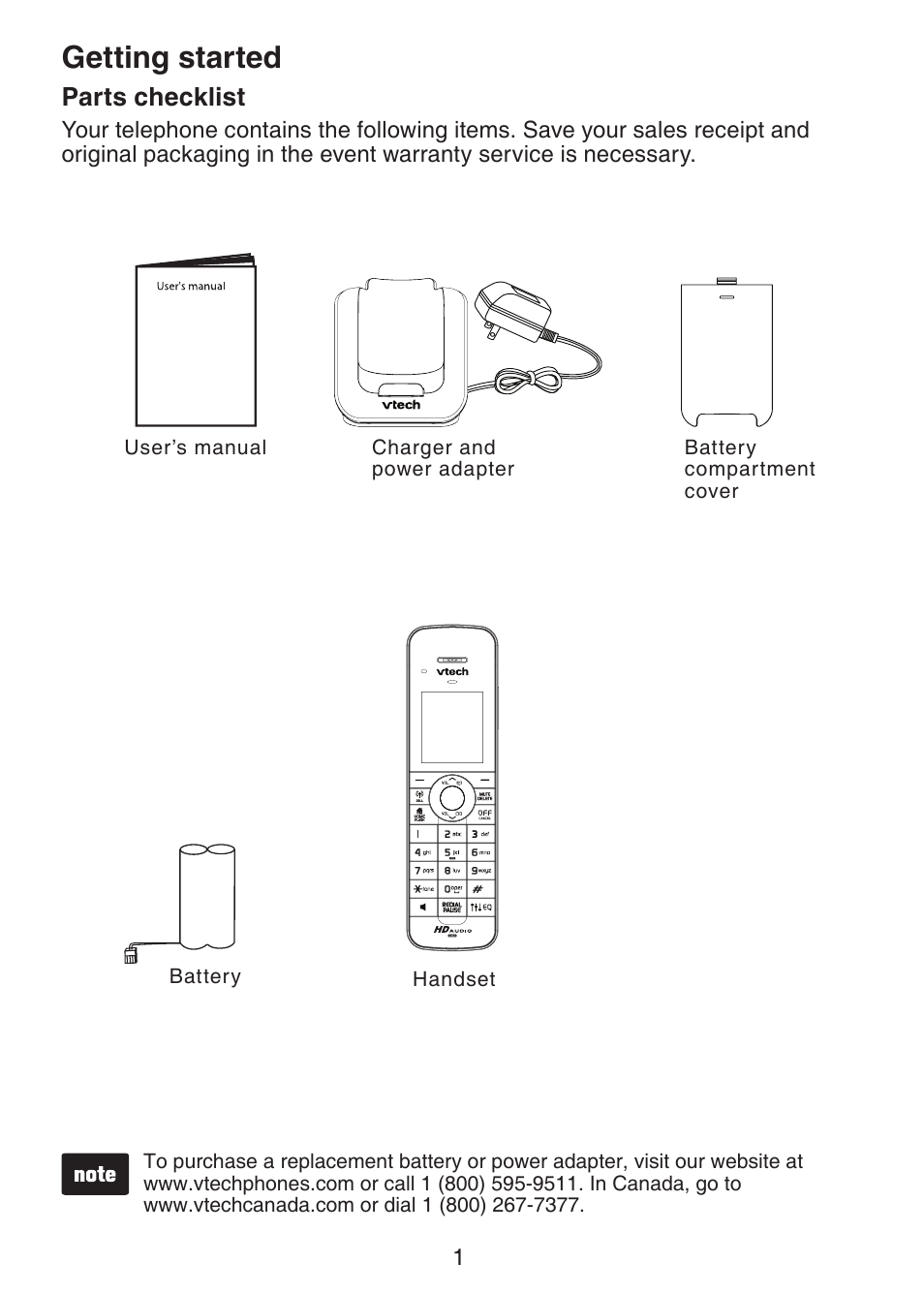 Getting started, Parts checklist | VTech DS6401_-16 Manual User Manual | Page 4 / 22