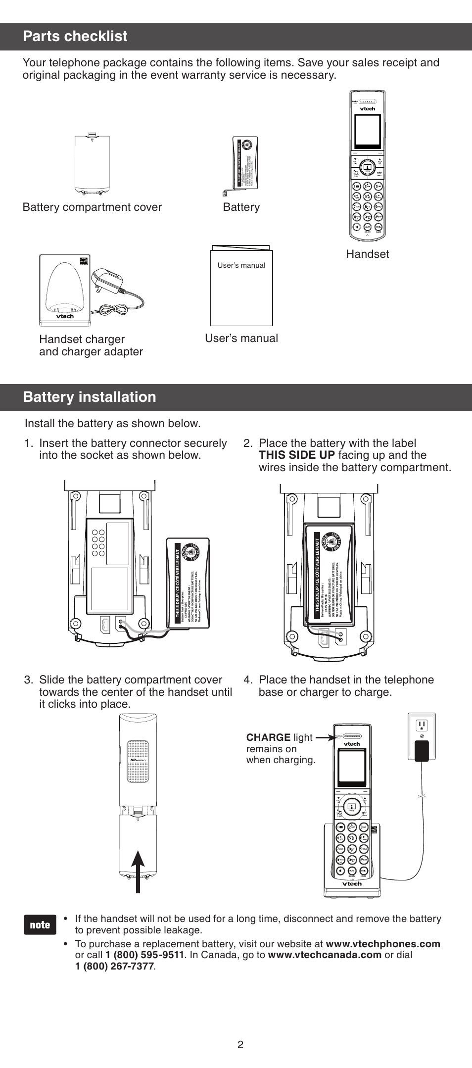 Battery installation, Parts checklist, Charge light remains on when charging | User’s manual | VTech IS7101 Manual User Manual | Page 2 / 8