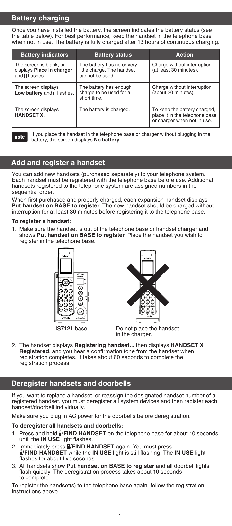 Battery charging, Add and register a handset, Deregister handsets and doorbells | VTech IS7101 Manual User Manual | Page 3 / 8