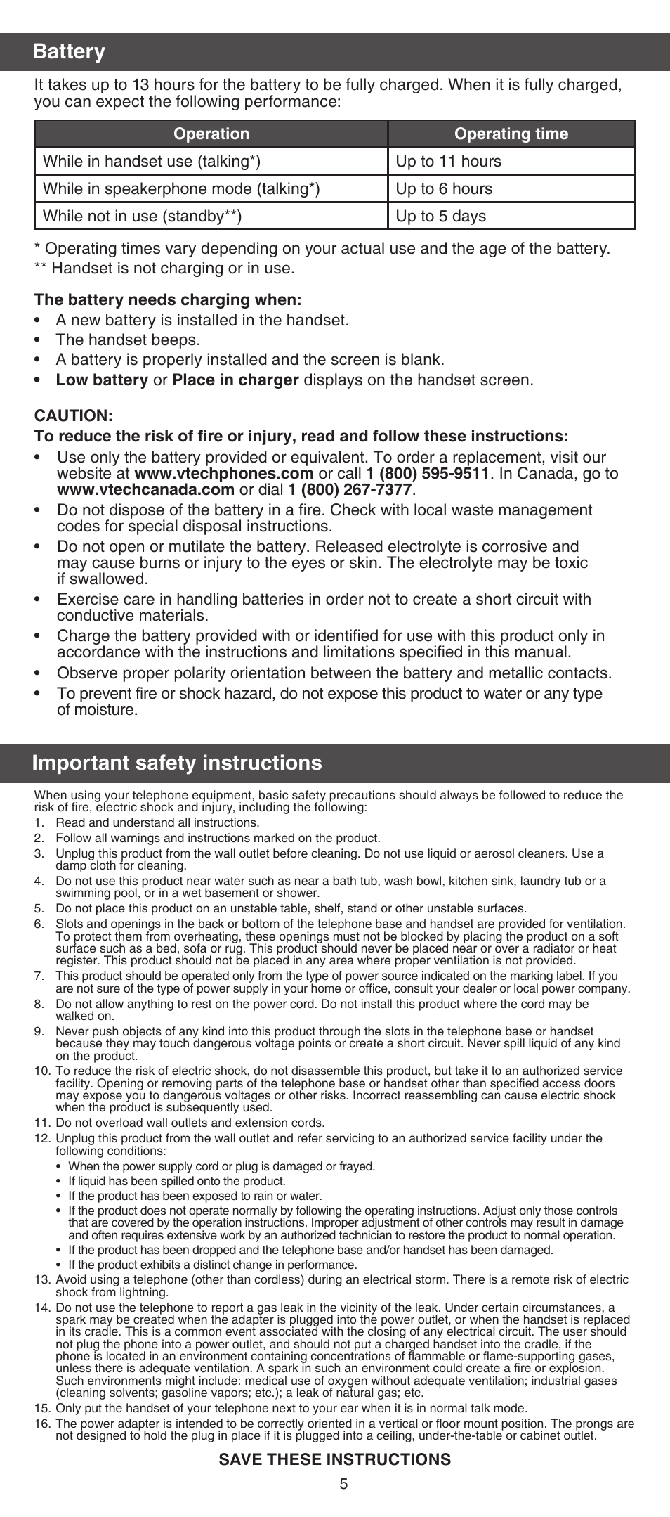 Battery important safety instructions | VTech IS7101 Manual User Manual | Page 5 / 8