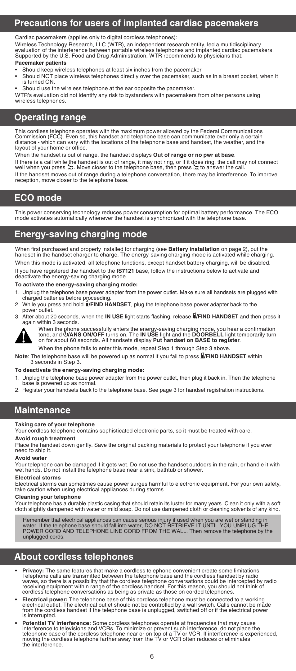 Operating range about cordless telephones eco mode, Maintenance, Energy-saving charging mode | VTech IS7101 Manual User Manual | Page 6 / 8