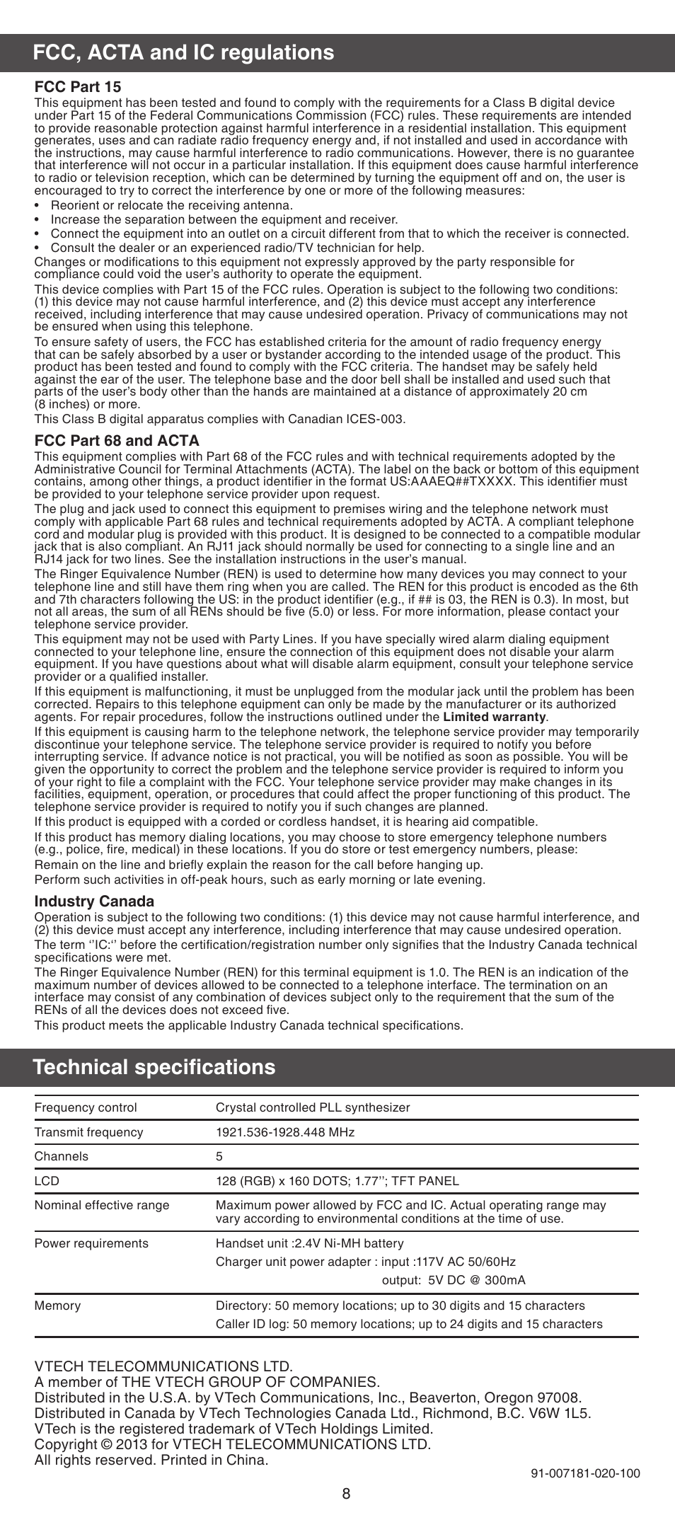 Technical specifications, Fcc, acta and ic regulations | VTech IS7101 Manual User Manual | Page 8 / 8