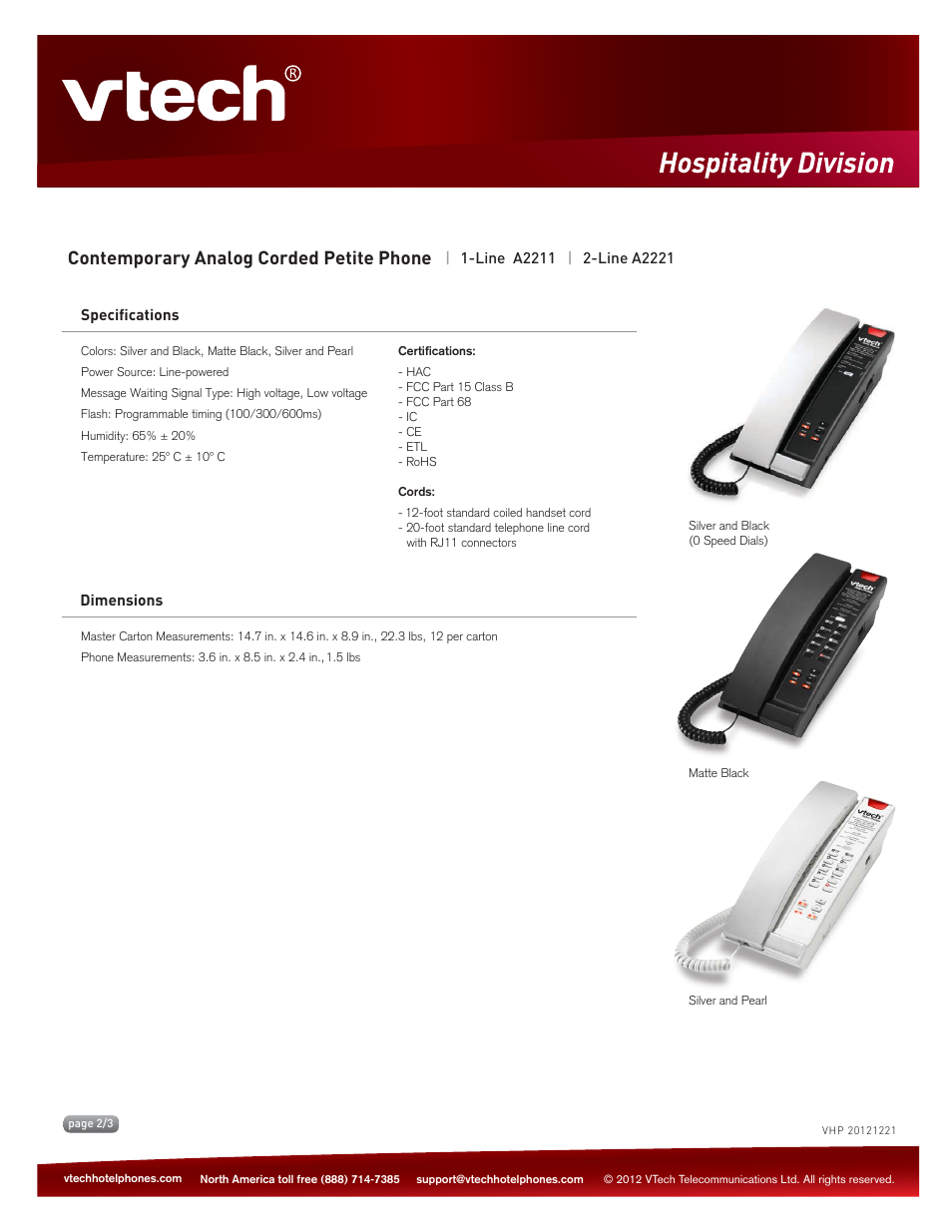 Key features, Contemporary analog corded petite phone | VTech A2221 Spec Sheets User Manual | Page 2 / 3