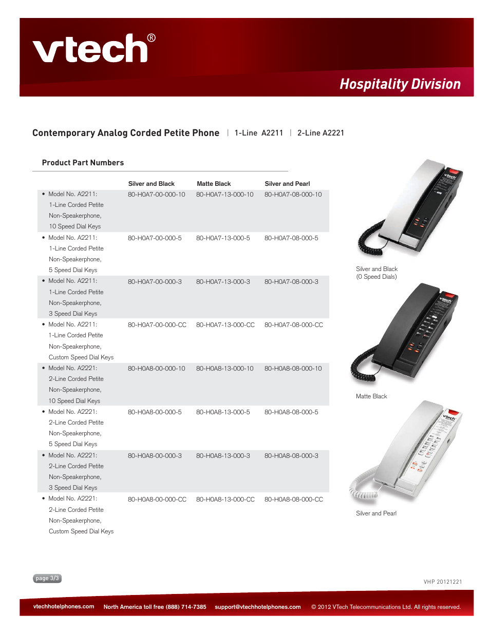 Key features, Contemporary analog corded petite phone | VTech A2221 Spec Sheets User Manual | Page 3 / 3