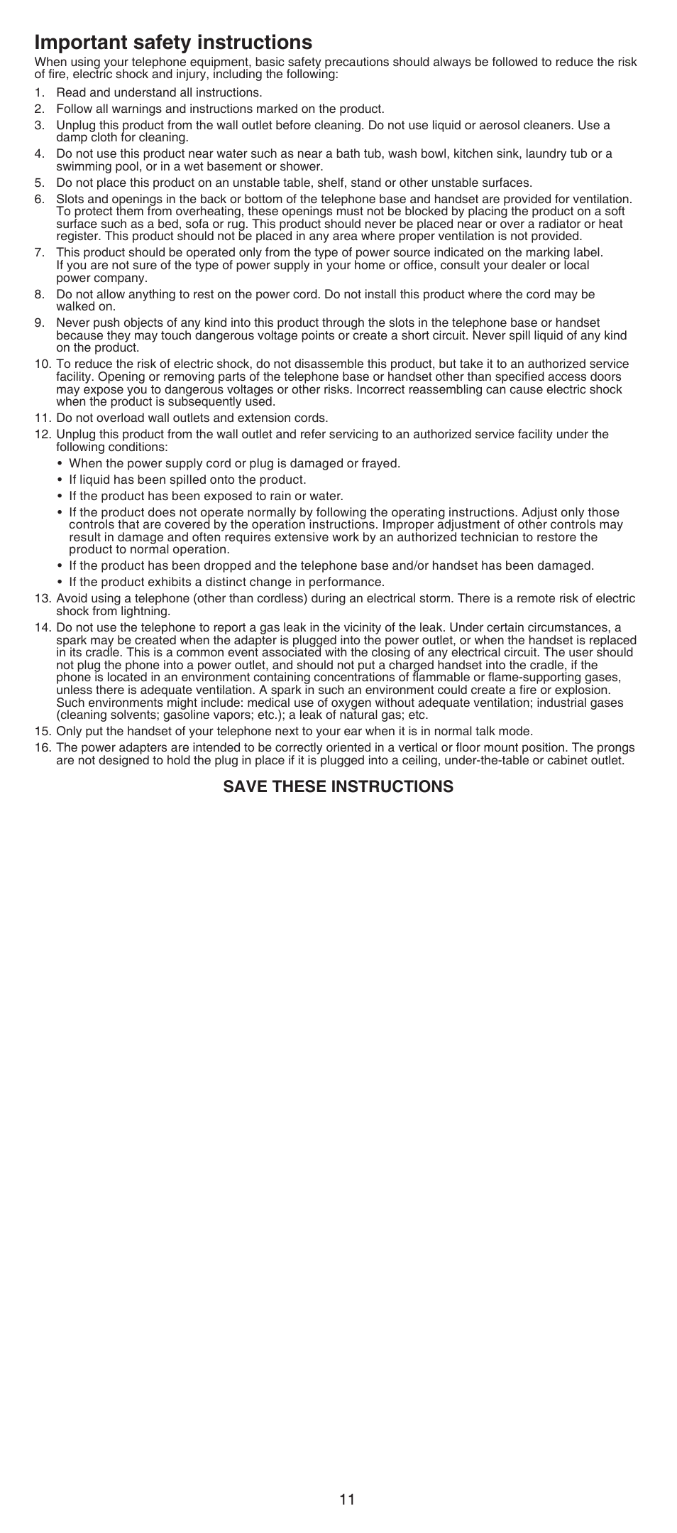 Important safety instructions, Save these instructions | VTech CS6519-2 Abridged manual User Manual | Page 11 / 14