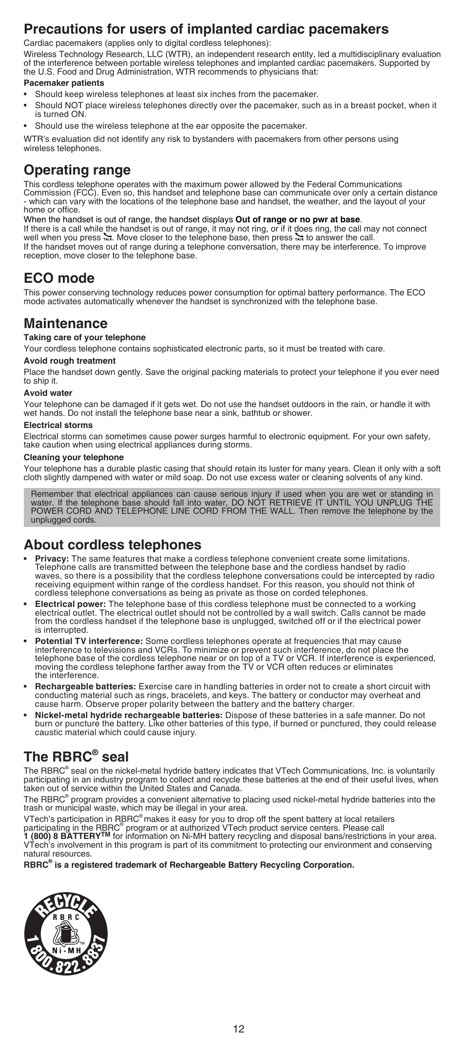 Operating range, Eco mode, Maintenance | About cordless telephones, The rbrc, Seal | VTech CS6519-2 Abridged manual User Manual | Page 12 / 14