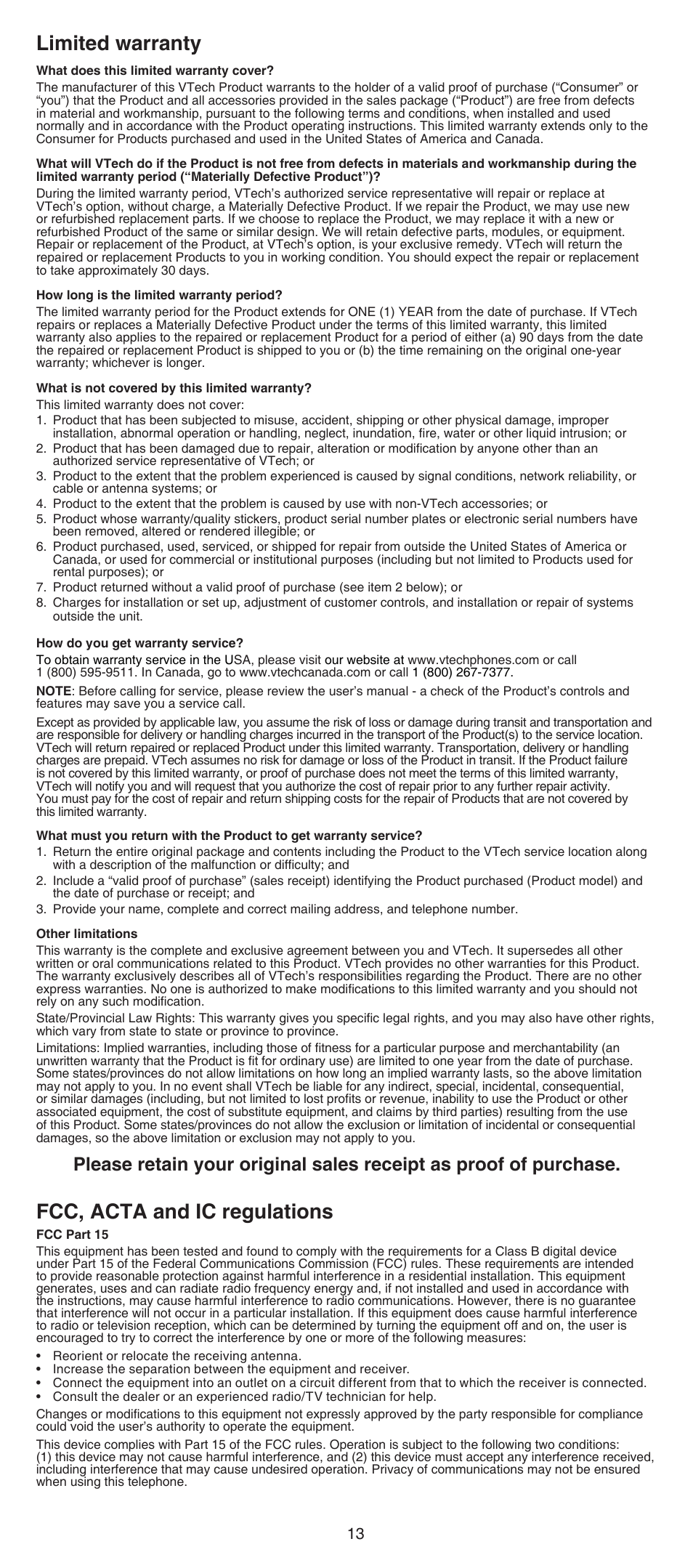 Limited warranty, Fcc, acta and ic regulations | VTech CS6519-2 Abridged manual User Manual | Page 13 / 14