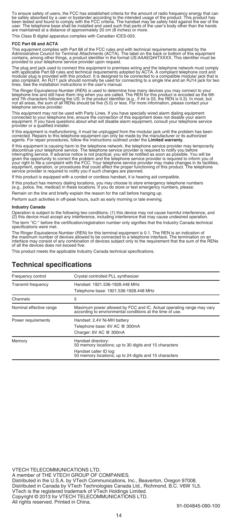 Technical specifications | VTech CS6519-2 Abridged manual User Manual | Page 14 / 14